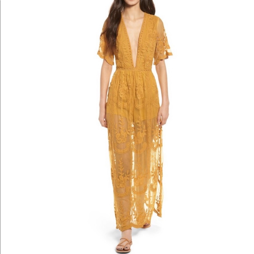 Honey Punch Mustard Yellow Lace Overlay Romper